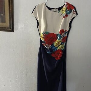 SALONI Cream and Navy Midi Dress with Floral Accents